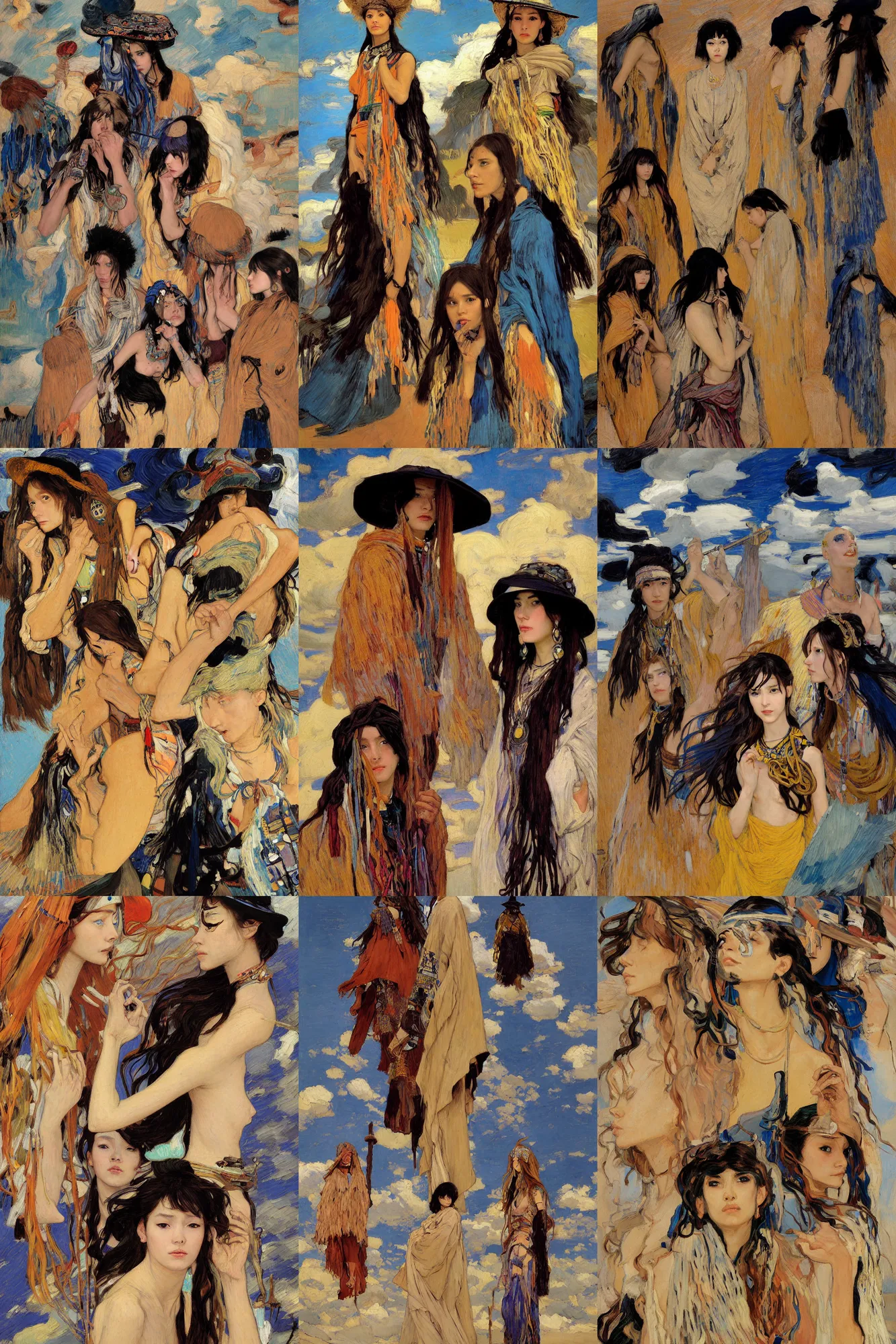 Prompt: shaman, thunder clouds in the sky, anime stylization figures, simple form, brutal shapes, dramatic light, sitting on the clouds, portrait of group of fashionable young womans wearing rich jewerly hats and boho poncho, artwork by Joaquin Sorolla and john william waterhouse and Denis Sarazhin and James Jean and klimt and rhads and van gogh and Dean Ellis and Detmold Charles Maurice