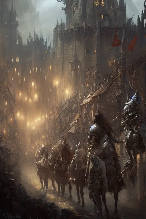 Image similar to medieval parade of knights, holiday, by wlop, by luis royo, by peter mohrbacher, concept art, digital illustration, intricate, masterpiece, elegant, super detailed, unreal engine rendering, smooth, sharp focus, artstation hq