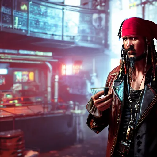 Image similar to a high quality portrait of a gritty pirate in a cyberpunk cyberpunk cyberpunk cafe, realism, 8k, award winning photo