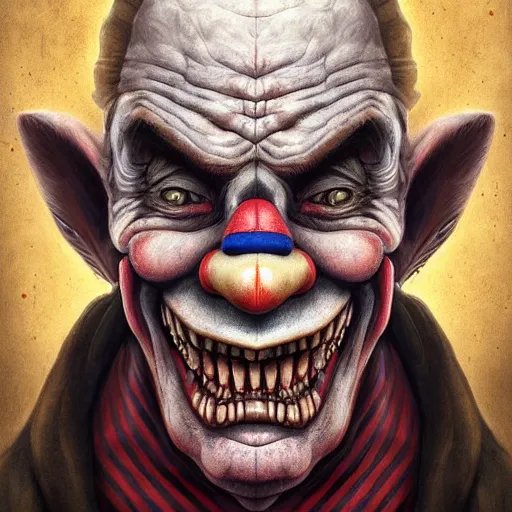 Prompt: digital painting of a wrinkled old scary clown by filipe pagliuso and justin gerard, symmetric, fantasy, highly, detailed, realistic, intricate