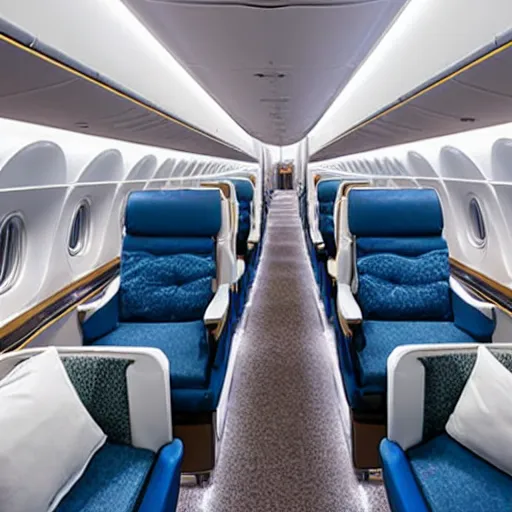 Prompt: Rococo style business class suite in a widebody jet with two aisles