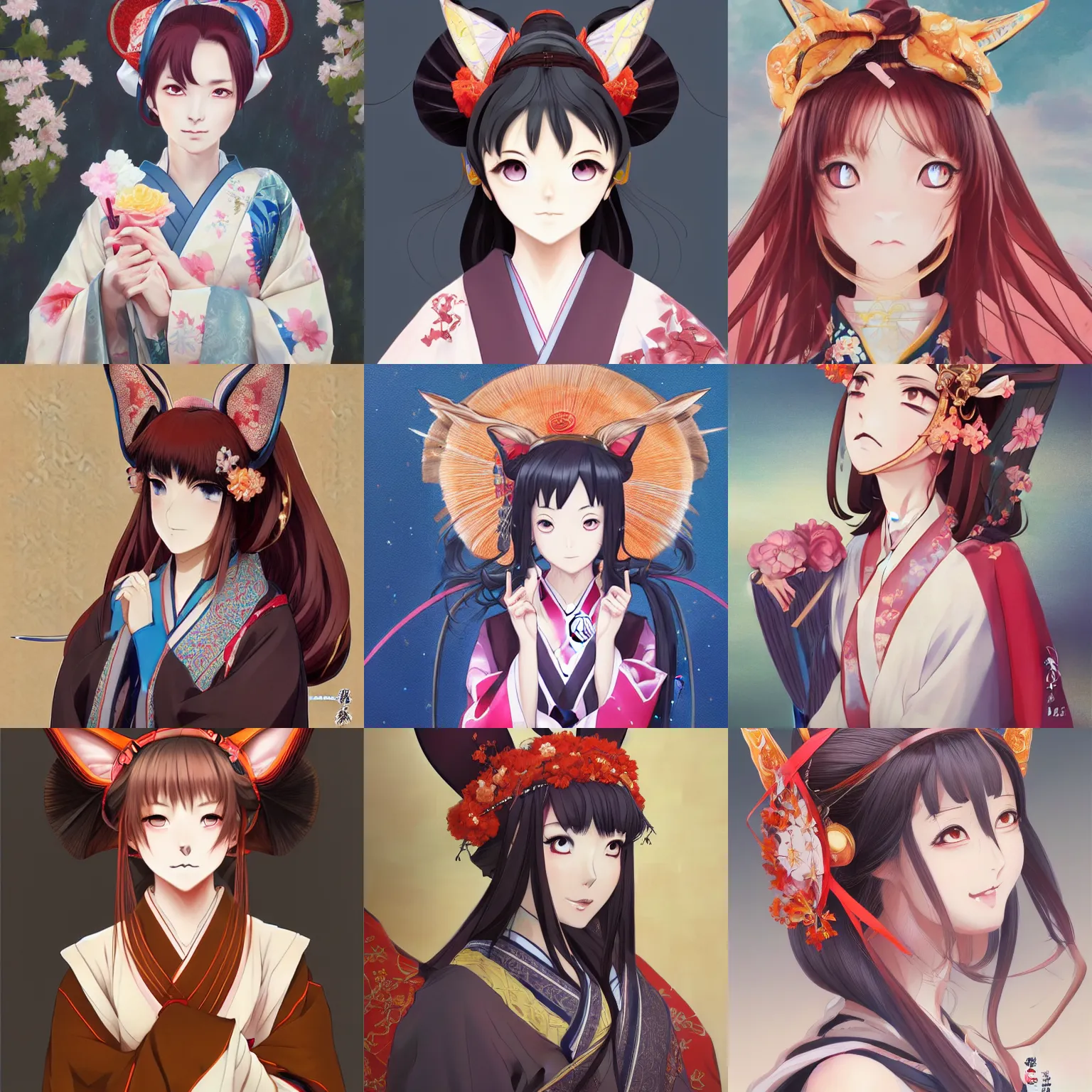 Prompt: An anime portrait of Ssunbiki as a noble Japanese lady with fox ears wearing a kimono, by Stanley Artgerm Lau, WLOP, Rossdraws, James Jean, Andrei Riabovitchev, Marc Simonetti, and Sakimichan, trending on artstation
