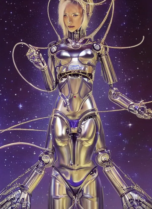 Prompt: Robotic beautiful Priestess posing in front of the stars by Hajime Sorayama and beksinksi, ultra detailed, dramatic lighting