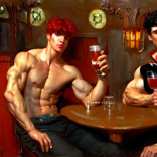 Image similar to attractive muscular male with red hair and muscular attractive male with black hair, drinking their hearts out, in a pub. very defined and highly detailed painting by j. c. leyendecker, gaston bussiere, craig mullins 8 k