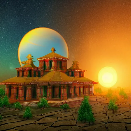 Prompt: highly detailed illustration of a giant temple made of glass on a bright planet, binary sunset, fractal lighting, two suns, russian temple, mystic, rgp artwork