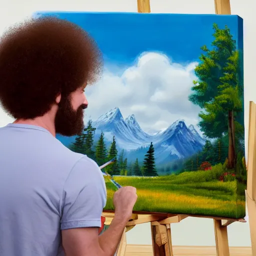 Image similar to a closeup photorealistic photograph of bob ross working on a canvas painting of mickey mouse. film still. brightly lit scene. mountains and trees. this 4 k hd image is trending on artstation, featured on behance, well - rendered, extra crisp, features intricate detail, epic composition and the style of unreal engine.