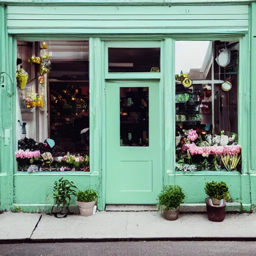 Prompt: A photo of a quaint flower shop storefront with a pastel green and clean white facade and open door and big window