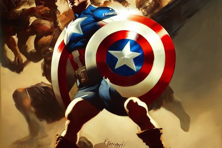 Prompt: A striking painting of Captain America by Frank Frazetta, dramatic lighting, extremely high detail, trending on artstation,