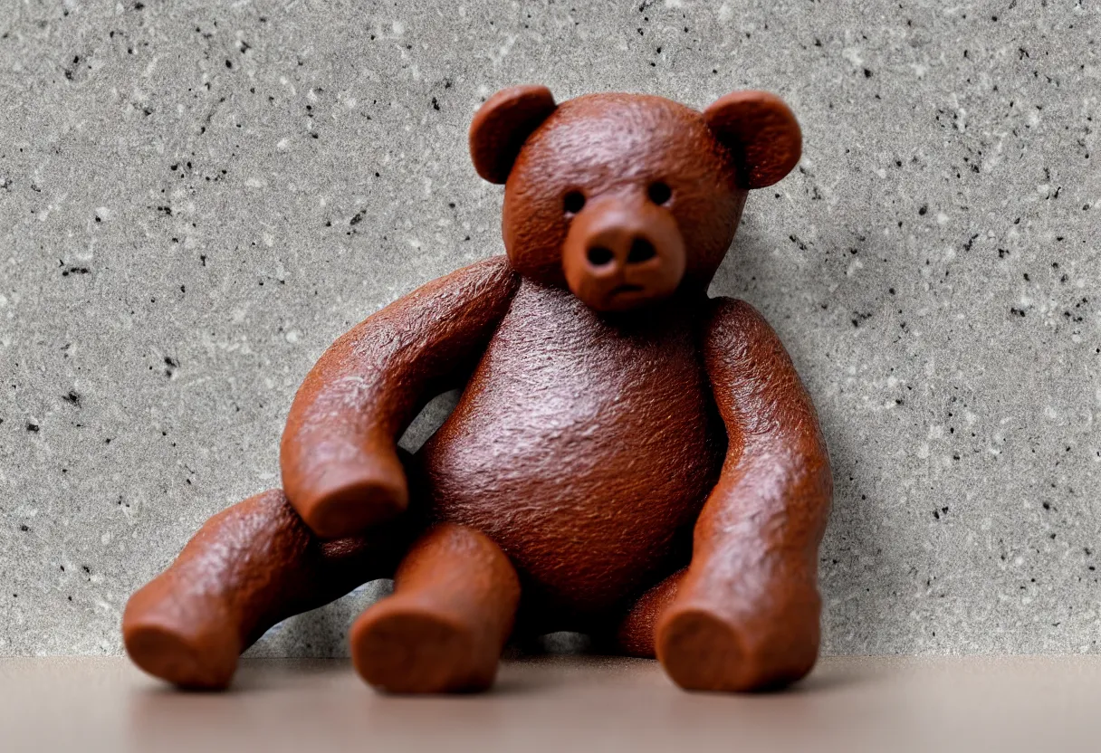 Image similar to clay bear figurine on marble table, highly detailed photo, hyper realism, low depth of field