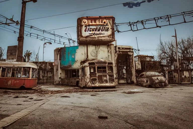 Prompt: low wide angle shot of dilapidated fallout 5 miami, european small town, desolate, dilapidated neon signs, few rusted retro futuristic vintage parked vehicles like cars, buses, trucks, trams, volumetric lighting, photorealistic, daytime, autumn, sunny weather, sharp focus, ultra detailed, f 1. 4, 4 0 0 0 k