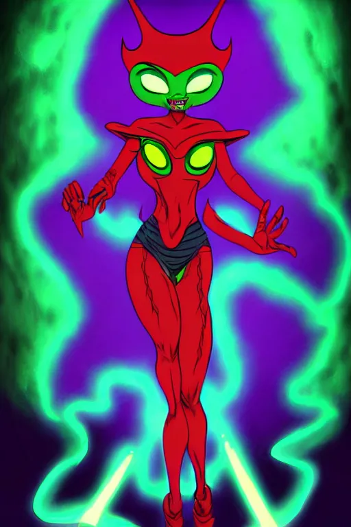 Prompt: queen toxique, an alien supervillainess with mutagenic powers, glowing energy effects, full color digital painting in the style of don bluth, jamie hewlett, artgerm, artstation trending, 8 0 s vibes