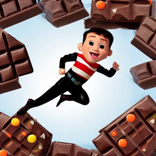 Image similar to a boy with a jetpack flying above a sea of chocolate, white background, pixar animation style,