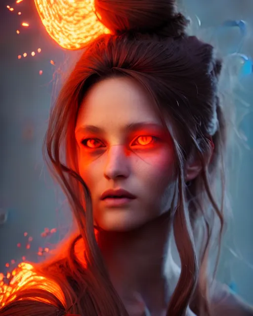 Prompt: Beautiful art portrait of fire elemental woman, atmospheric lighting, intricate detail, cgsociety, hyperrealistic, octane render, RPG portrait, ambient light, dynamic lighting