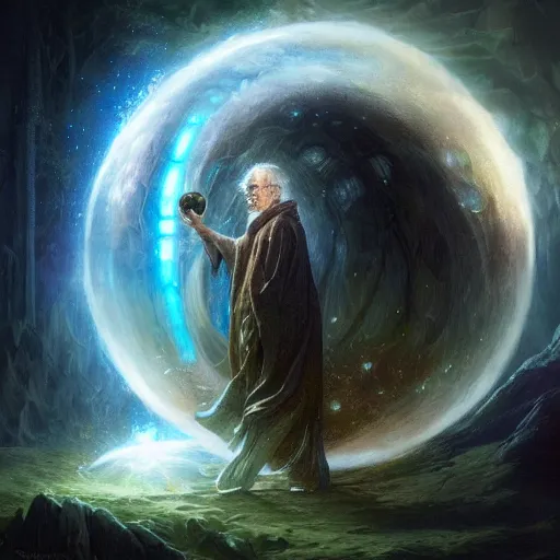 Image similar to the creator of worlds wearing a cloak and holding a holographic planet projection in his hand, detailed, sci - fi, digital painting, artstation, sharp focus, illustration, ominous, artgerm, tomasz alen kopera, peter mohrbacher, donato giancola, joseph christian leyendecker, wlop, frank frazetta