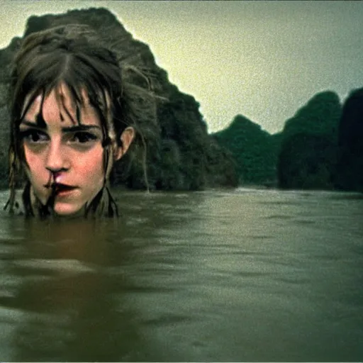 Image similar to film still, close up, emma watson rising out of muddy vietnam river, face covered in mud, low camera angle at water level, night time, film still from apocalypse now ( 1 9 7 9 ), 2 6 mm