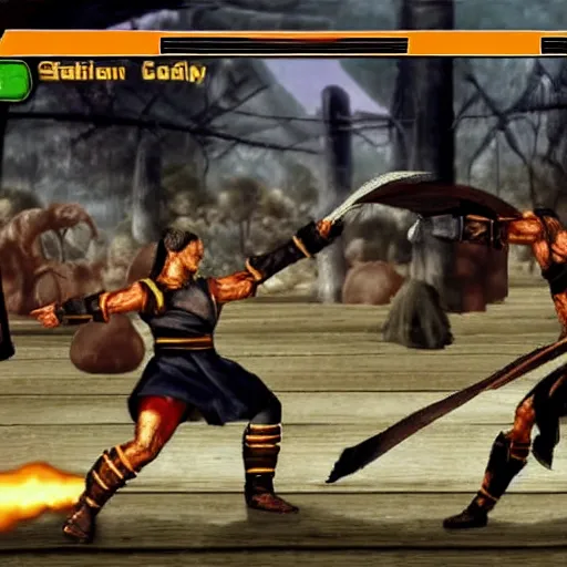 Image similar to MidJourney vs StableDiffusion battle, Mortal Kombat 2 style