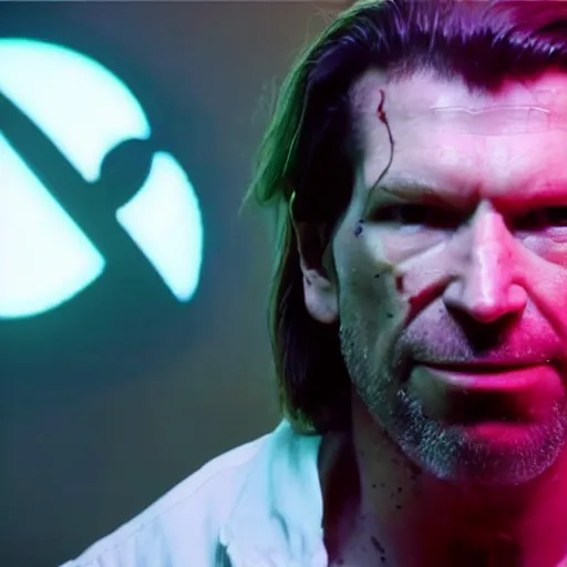 Prompt: a 4 k cinematic film still portrait of aphex twin breaking into the office from a gritty cyberpunk 2 0 0 0 s james cameron movie about the punisher. realism, cinematic lighting, 4 k. 8 mm. grainy. panavision.