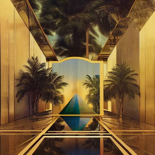 Image similar to cosmos, indoor liminal space, golden light, greg rutkowski, palm trees, pink door, minimalistic, hyperrealistic surrealism, award winning masterpiece with incredible details, epic stunning, infinity pool mirrors, a surreal vaporwave liminal space with mirrors, highly detailed, trending on artstation, artgerm and greg rutkowski and alphonse mucha, daily deviation