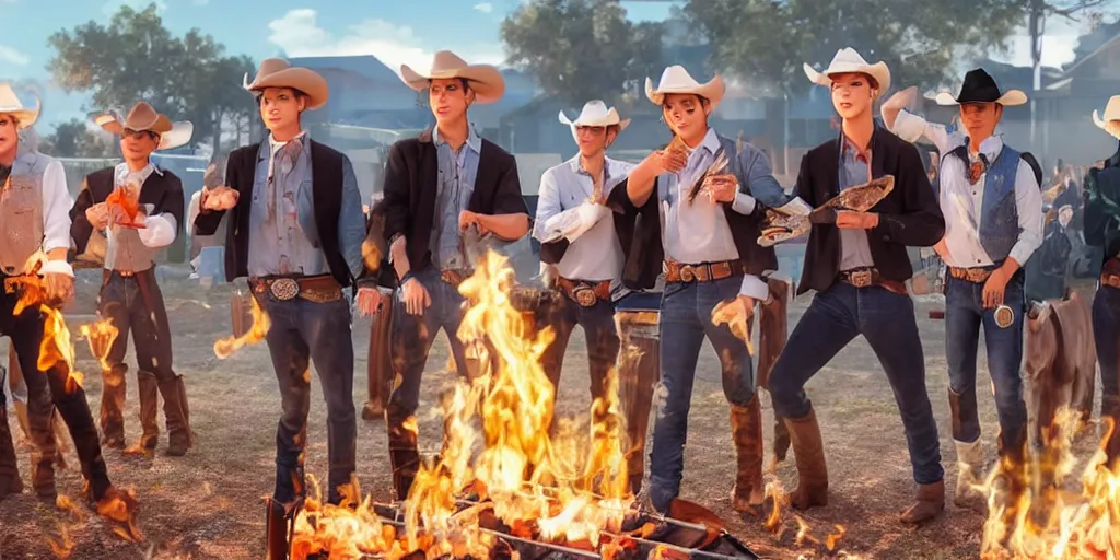 Image similar to BTS dressed as cowboys while cooking BBQ in Texas, Anime art style, action packed scene, CGI render