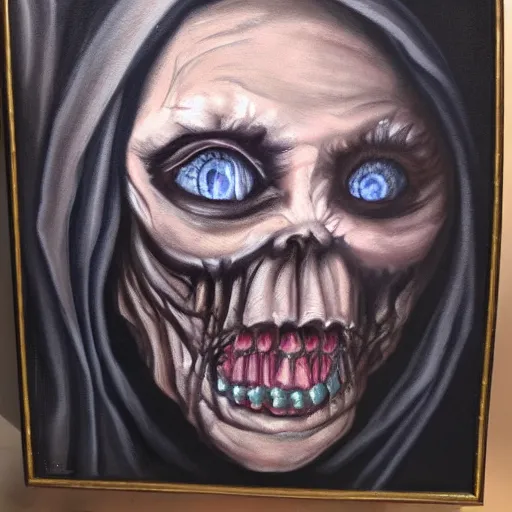 Image similar to creepy old cursed witch watching you sleep, eerie, haunted, oil painting