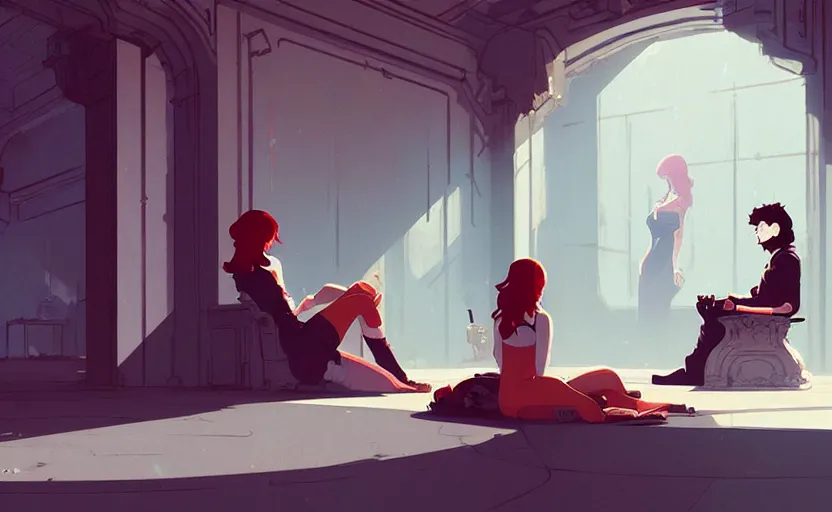 Prompt: scene of a brunette man and a red - haired woman chatting together in the throne room by atey ghailan, by greg rutkowski, by greg tocchini, by james gilleard, by joe fenton, by kaethe butcher, dynamic lighting, gradient light blue, brown, blonde cream and white color scheme, grunge aesthetic