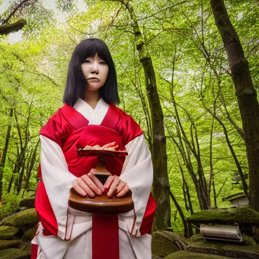 Prompt: face photo of a japanese shrine maiden, young beautiful woman, award winning photo, stunning scenery, high definition, 8 k, dynamic lighting