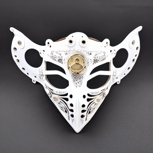 Image similar to extremly detailed white ceramic steampunk mask, high details, photorealistic, 8 k, sharp focus, white ceramic material