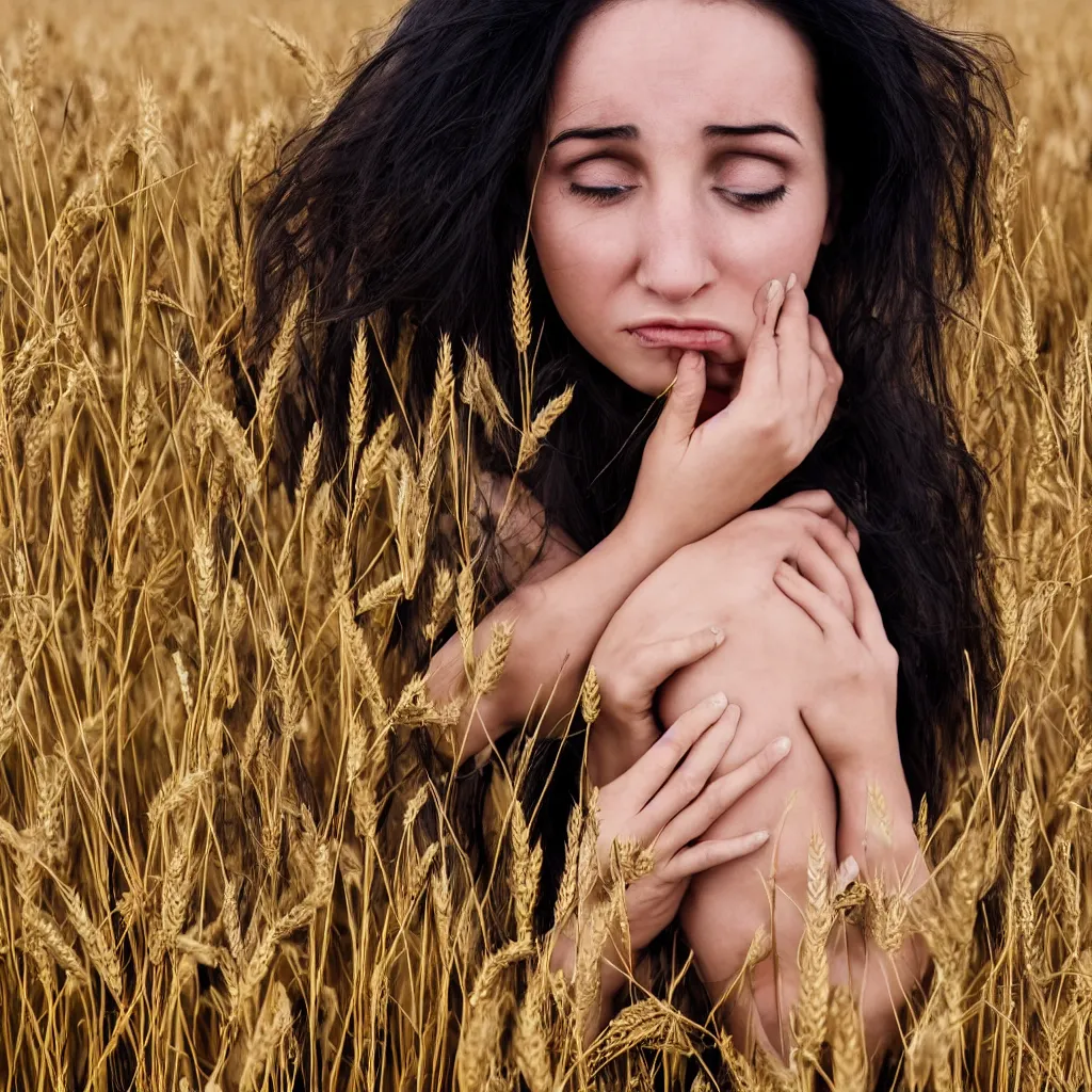 Prompt: A 25 years old Paludnitsa crying in a wheat field. Long black hair, perfect face, beautiful eyes, smooth, sharp focus, vivid colors, highly detailed, digital art, 4k, medium shot.