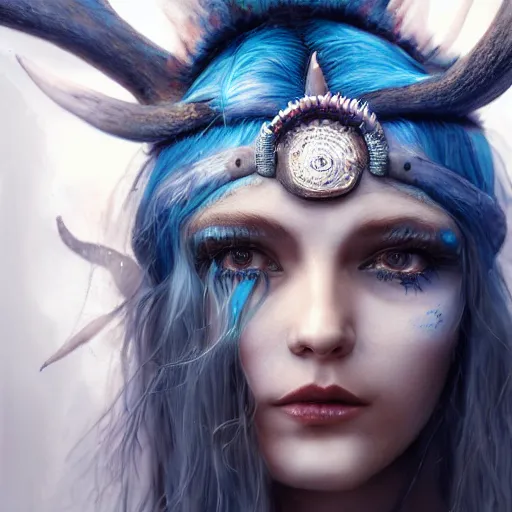 Image similar to A young female shaman, blue hair and antlers on her head. blindfolded, heilung, in the style of Heather Theurer, headshot photoshoot, insanely detailed and intricate, beautiful, elegant, cinematic toplight, portrait, headroom, artstation, karol bak