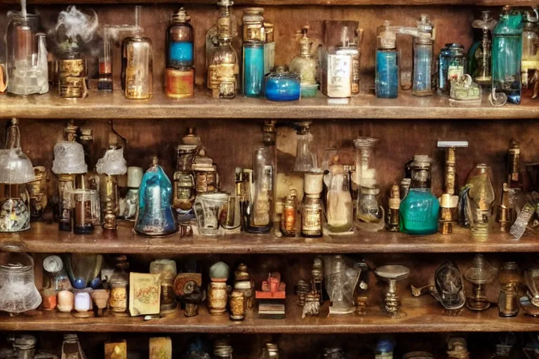 Image similar to a bookshelf of wonderful magical experiments, located in a wizard's shop, full of trinkets and magical potions flasks vials, bubbling liquids, smoking vessels