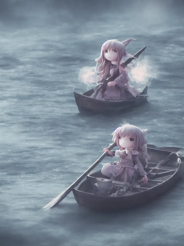Prompt: cute fumo plush girl witch rowing a small boat through murky river water, river styx, otherworldly chibi gothic horror wraith maiden, lost in the void, hazy heavy swirling murky volumetric fog and smoke, moonglow, lens flare, rule of thirds vray