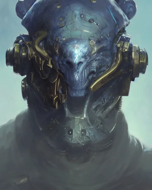 Prompt: hyper realistic portrait of warhammer android head, cinematic, chaos marine, tzeentch, artstation, cgsociety, full head, greg rutkowski, james gurney, mignola, craig mullins, brom