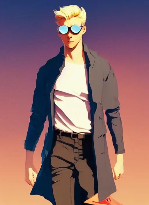 Prompt: young blonde beautiful male boy assassin wearing sunglasses walking on city street, heroic, glorious, in the style of artgerm, gerald brom, atey ghailan and mike mignola, vibrant colors and hard shadows and strong rim light, plain background, comic cover art, trending on artstation