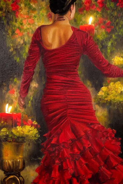 Prompt: vintage detailed oil painting of spanish flamenco dancer in mallorca wearing a red dress made of flowers, dimly lit by candles on the ground, looking away, dark shadows, photo realistic, extreme detail skin, no filter, slr, 4 k, high definition