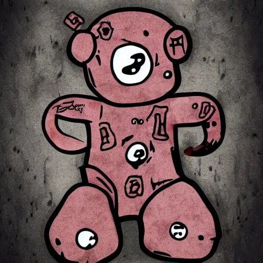 Prompt: grunge cartoon drawing of a teddy bear with bloody eyes in the style of danny phantom, loony toons style, horror theme, detailed, elegant, intricate