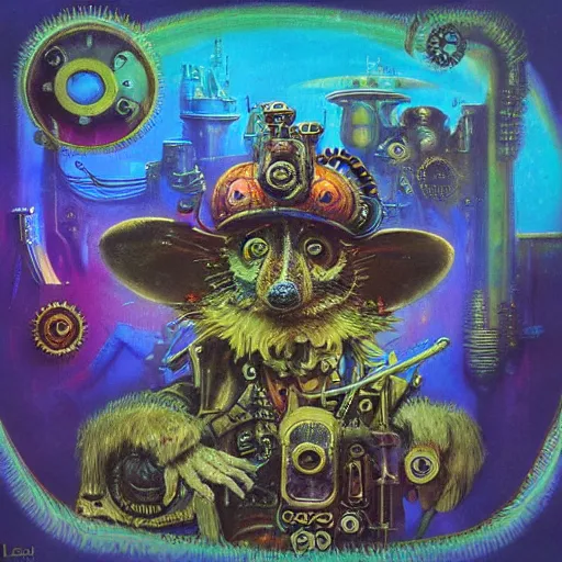 Prompt: steampunk rat, acid, 303, psychedelic, by paul lehr, cd cover for psytrance artist