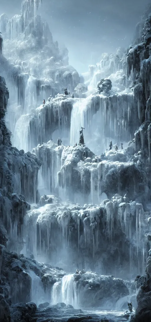 Image similar to a gigantic palace made of crystal stone with arches and bridge on top of a waterfall in the snow, blizzard, a small stream runs beneath the waterfall, landscape, raphael lacoste, eddie mendoza, alex ross, concept art, matte painting, highly detailed, rule of thirds, dynamic lighting, cinematic, detailed, denoised, centerd