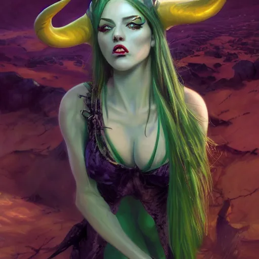 Prompt: A Beautiful Professional Model with Green hair and Yellow eyes and demon horns, fashionable clothes, detailed, looking seductively at the camera, centered, digital painting, artstation, concept art, donato giancola, Joseph Christian Leyendecker, WLOP, Boris Vallejo, Breathtaking, 8k resolution, extremely detailed, beautiful, establishing shot, artistic, hyperrealistic, beautiful face, octane render, cinematic lighting, dramatic lighting, masterpiece