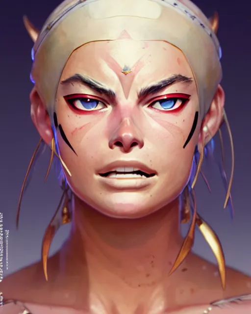 Image similar to azctec warrior, margot robbie, detailed perfect face, exquisite details, fire magic, mid view, design on a white background, by studio muti, greg rutkowski makoto shinkai takashi takeuchi studio ghibli