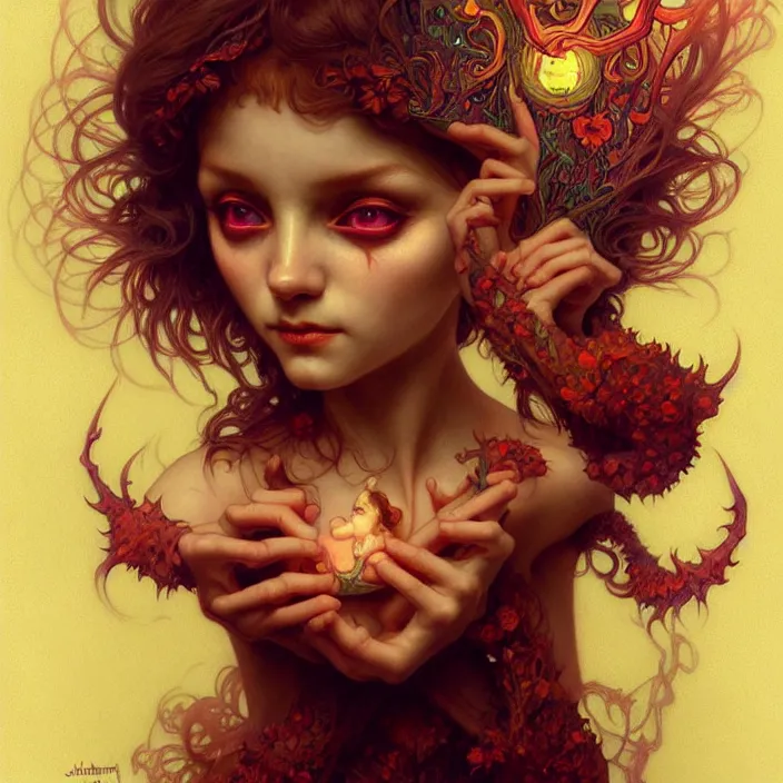 Prompt: psychedelic cute little demon, diffuse lighting, fantasy, intricate, elegant, highly detailed, lifelike, photorealistic, digital painting, artstation, illustration, concept art, smooth, sharp focus, art by John Collier and Albert Aublet and Krenz Cushart and Artem Demura and Alphonse Mucha