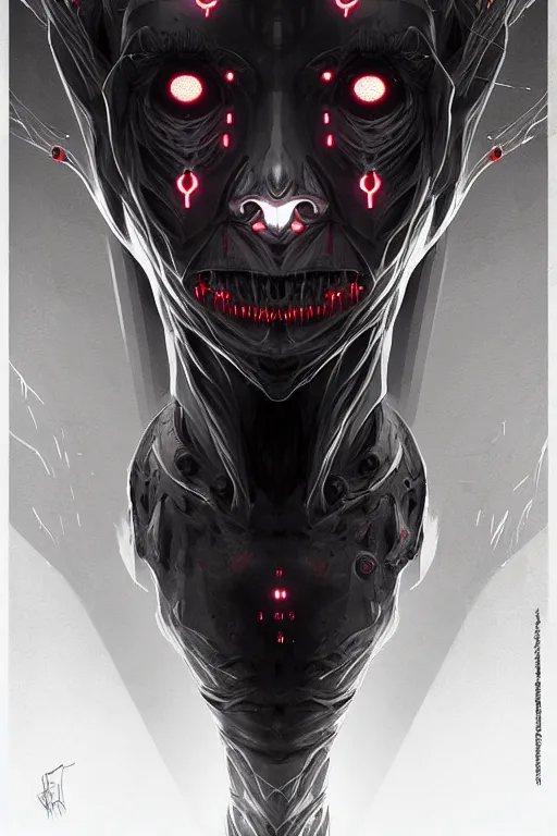 Image similar to professional concept art symmetrical portrait of a horror fractal robotic nightmare species in deep dark room by artgerm and greg rutkowski. an intricate, elegant, highly detailed digital painting, kubism, concept art, smooth, sharp focus, illustration, in the style of cam sykes.