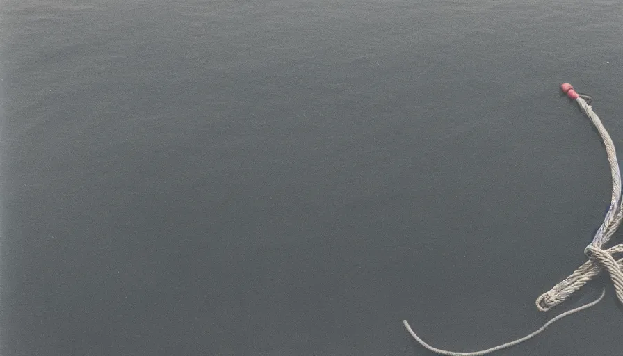 Prompt: photograph of a dark lake, cloudy day, rope floating on or near top of water, snaking towards the center of the lake, anamorphic lens, kodak color film stock