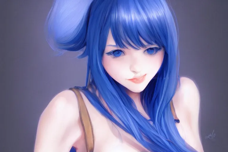 Prompt: Beautiful girl, blue hair, symmetrically, smiling, pixiv, artist WLOP artstation, artist Mam BA artstation, real photo, very detailed, realistic proportions, knowledge of anatomy, anatomy for beginners, true proportions of the face