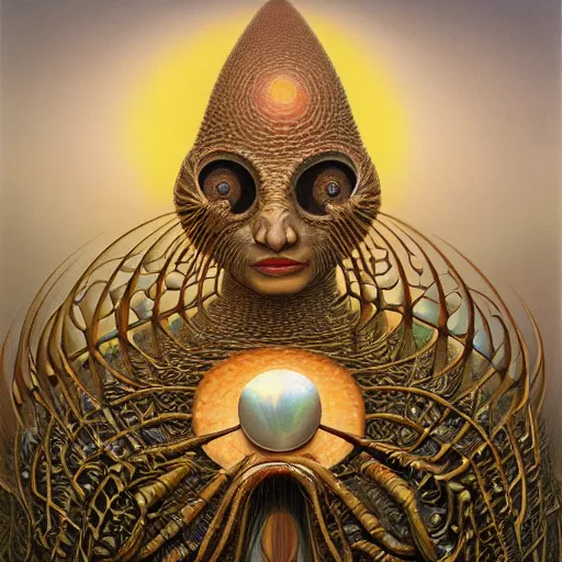 Image similar to mother of pearl by jacek yerka, alex gray, zdzisław beksiński, dariusz zawadzki, vladimir kush, jeffrey smith and h.r. giger, oil on canvas, 8k highly professionally detailed, trending on artstation