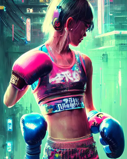 Image similar to detailed portrait Neon boxer Girl, cyberpunk futuristic neon, reflective crop top and shorts, boxing gloves, decorated with traditional Japanese ornaments by Ismail inceoglu dragan bibin hans thoma greg rutkowski Alexandros Pyromallis Nekro Rene Maritte Illustrated, Perfect face, fine details, realistic shaded, fine-face, pretty face