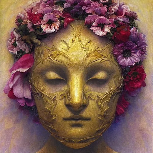 Image similar to masterpiece painting of a facemask made of flowers, by annie swynnerton and jean delville and tino rodriguez, flower mask, symbolist, dramatic lighting, god rays, elaborate geometric ornament, soft cool colors, smooth, sharp focus, extremely detailed