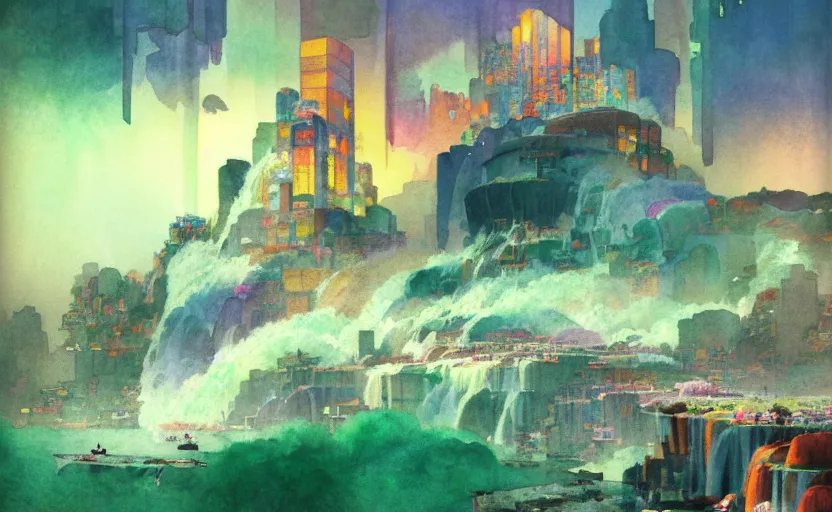 Prompt: a beautiful photo of a metropolis built on a island floating above the sea in the sky, waterfalls fall from the island into the sea, colorful watercolor, by ruan jia, by maxfield parrish, by marc simonetti, by hikari shimoda, by robert hubert, by zhang kechun, illustration, gloomy, volumetric lighting