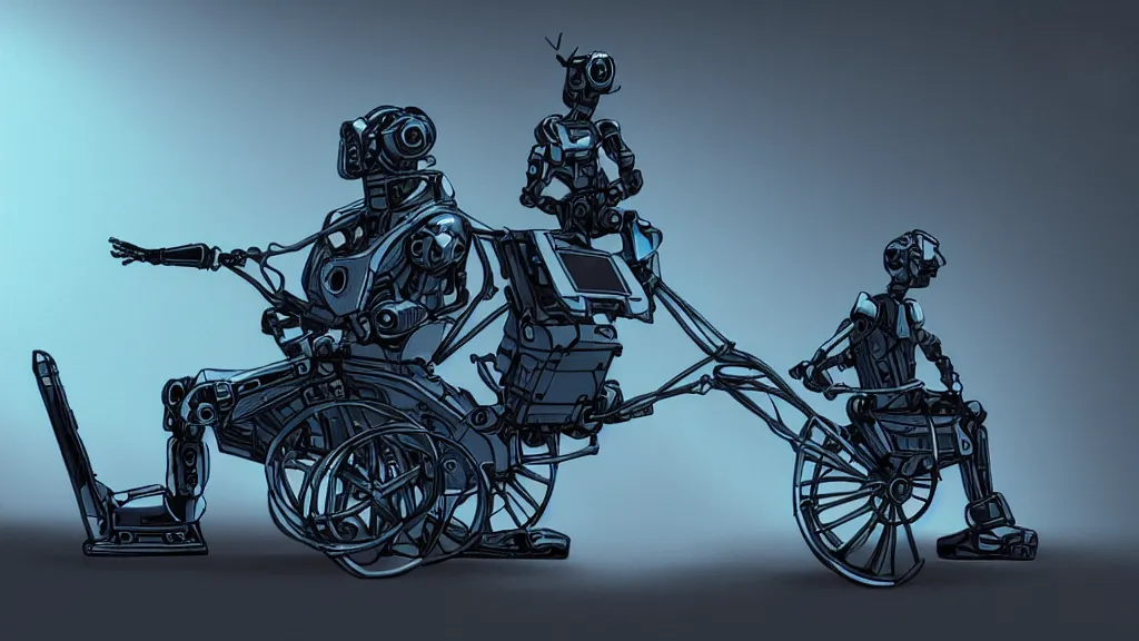 Prompt: Robo-bishop, sitting on a carriage carried by human, dark shades, futuristic, ultra quality, cyberpunk style