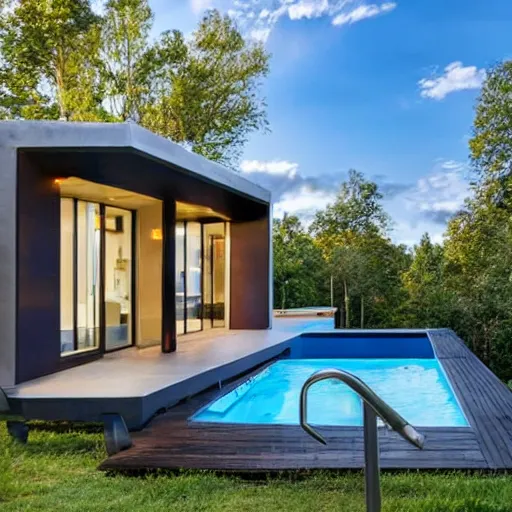 Image similar to a modern tiny home duplex with a pool in between