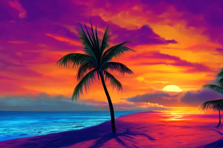 Prompt: beautiful digital painting of a fantasy tropical island beach, with large sun on the horizon, at sunset, trending on artstation, purple orange red color scheme, 4 k, atmospheric effects, cinematic lights